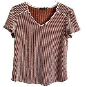 Ava James Brown White Vertical Striped Short Sleeve Top Women's Medium NEW